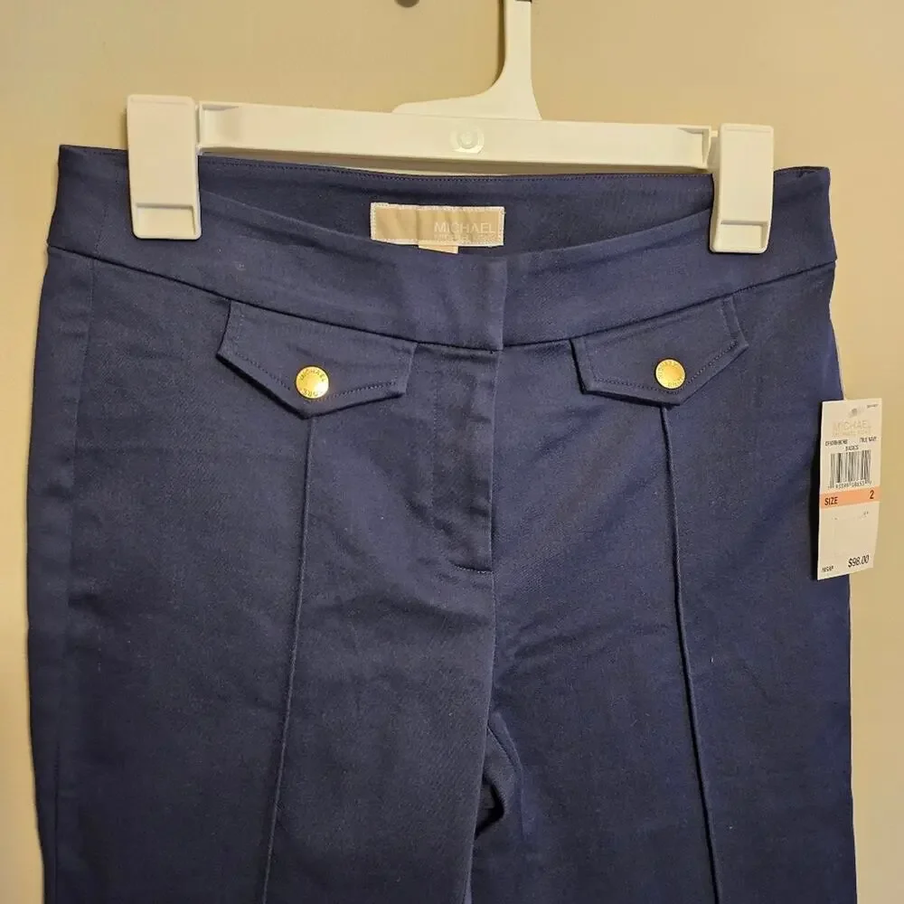 Michael Kors Navy Blue Gold Button Cropped Career Pants Size 2 NWT
